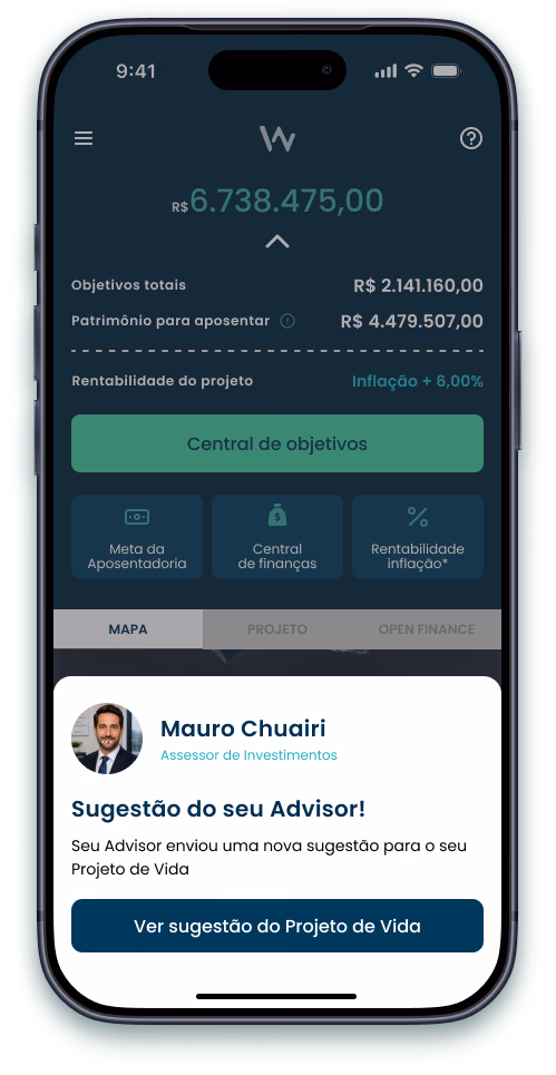 WalkrApp mostrando ao cliente a sugestão enviada pelo advisor