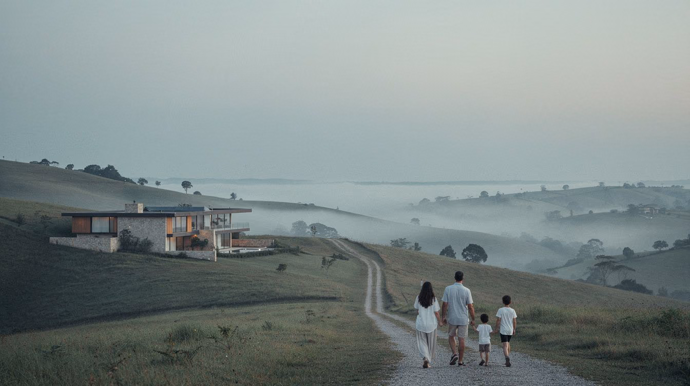 Família caminhando por uma paisagem aberta