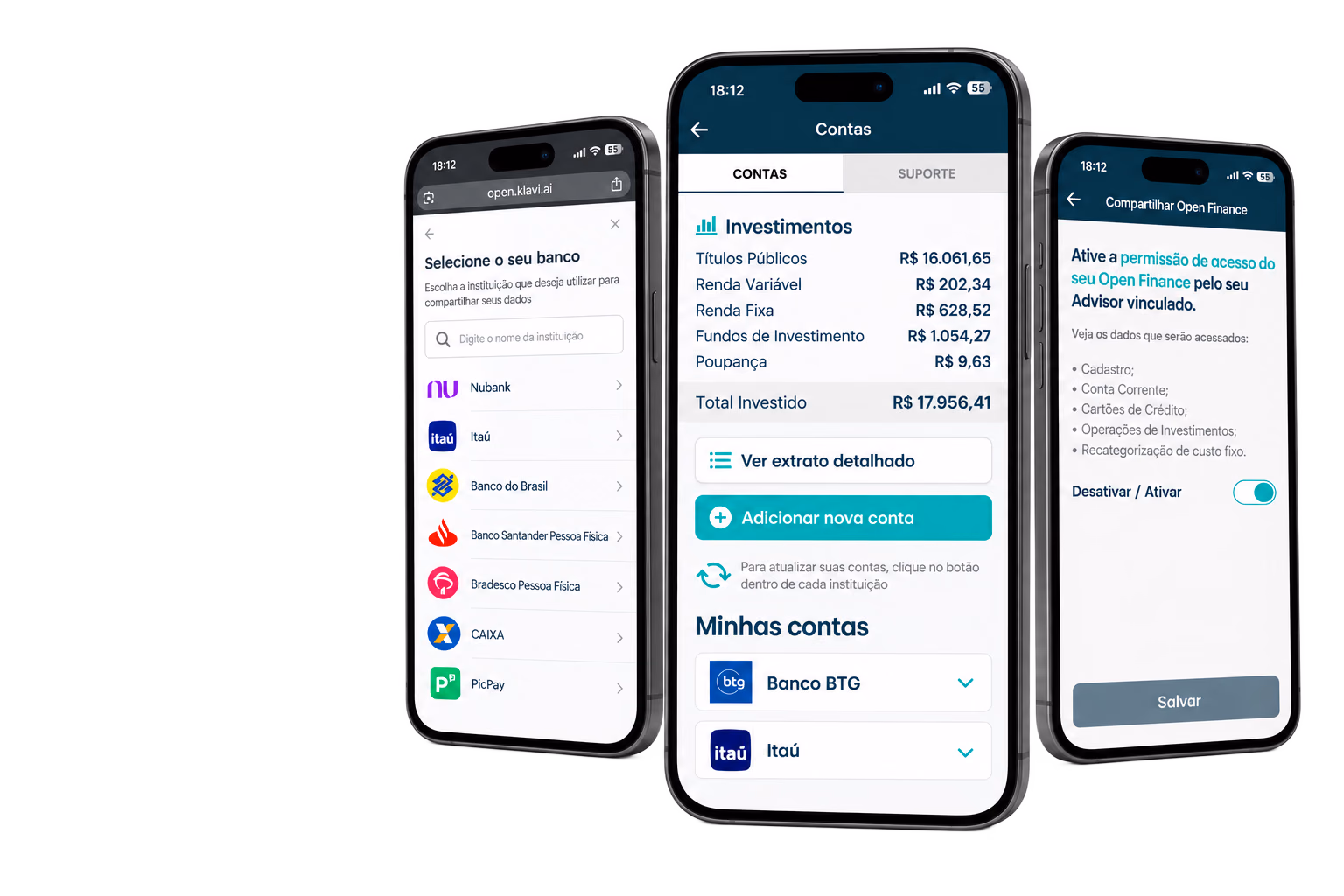 Três telas do Walkr App conectadas ao Open Finance
